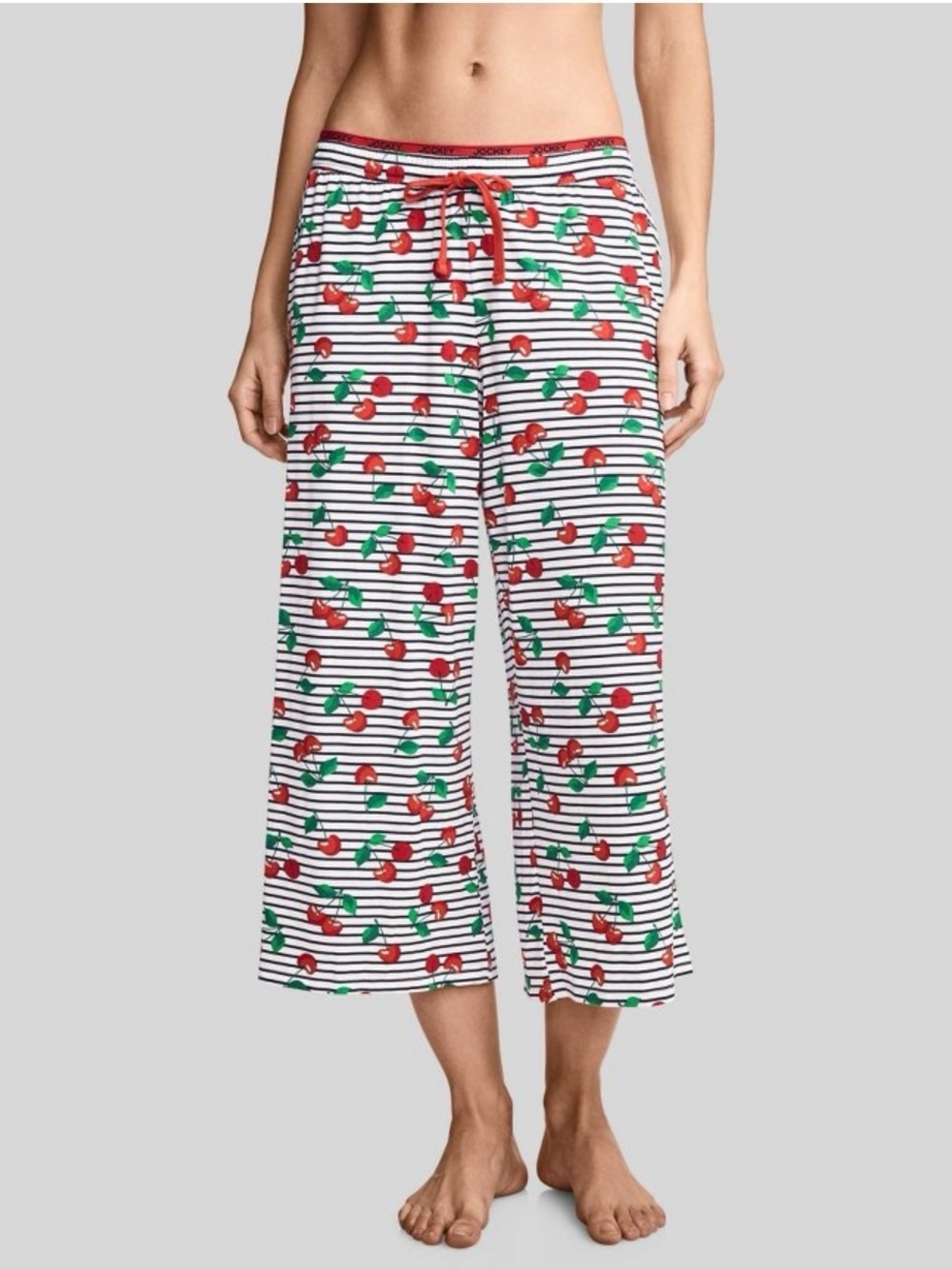 Jockey White Stripe Cherry Print Cropped Pajama Pants